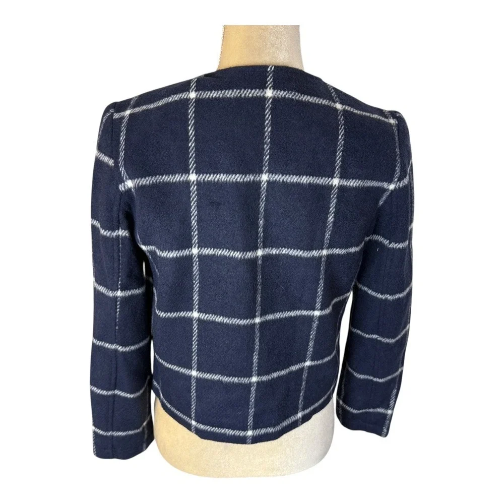 LE LIS Navy White Window Pane Plaid Open Front‎ Blazer Jacket Womens Small